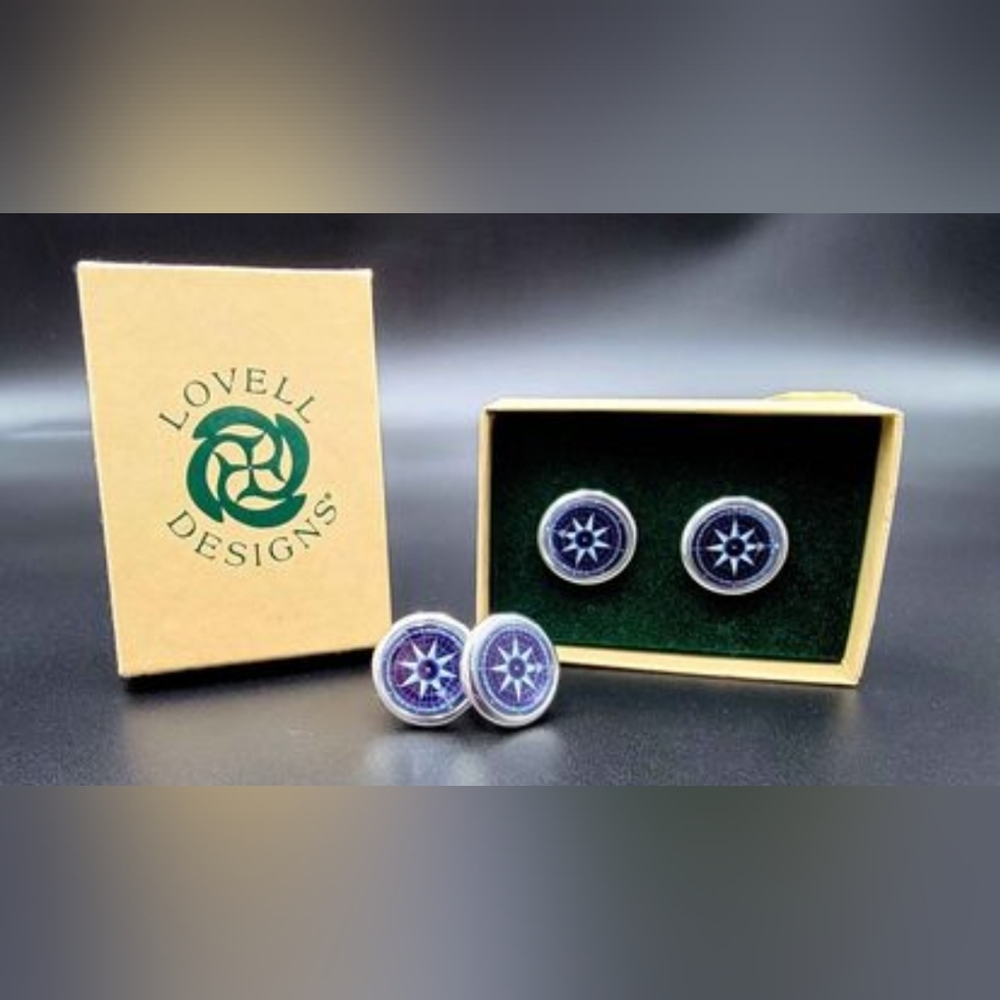 Lovell Designs Blue & Silver Compass Rose Cufflinks NWT in Box